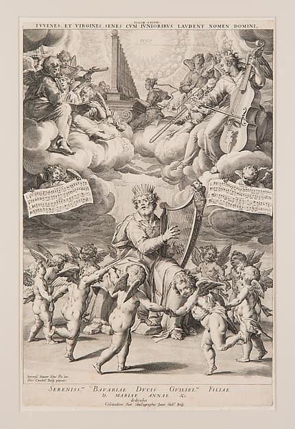 King David Playing the Harp with Angels Dancing and Playing Music, by Johann Sadeler I