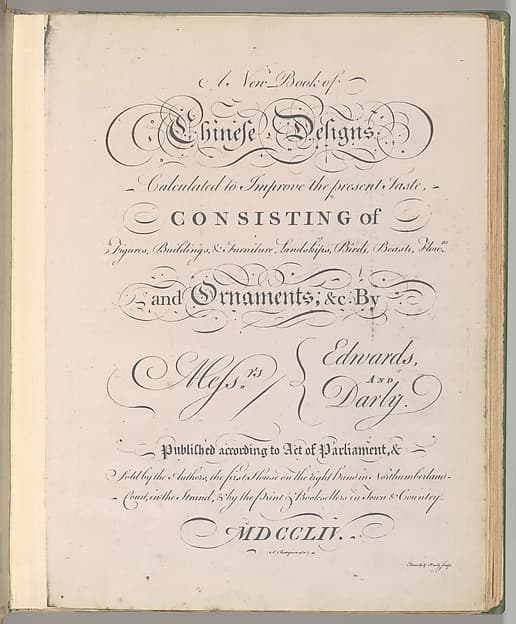 Title page of "A New Book of Chinese Designs", by Matthias Darly