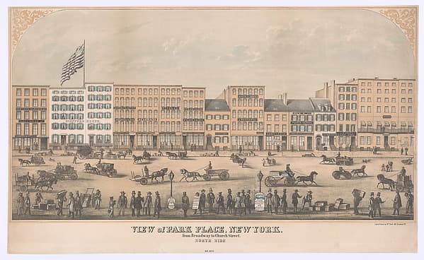 View of Park Place, New York, from Broadway to Church Street, North Side, A.D. 1854, by William Boell