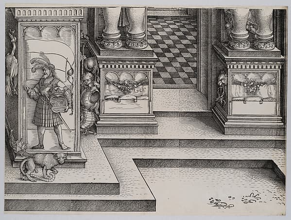 Lower Portion of the Entryway to the Right Portal (Die Porten des Adels); and the Outer Right Sockel of the Central Portal, from the Arch of Honor, proof, dated 1515, printed 1517-18, by Albrecht Dürer