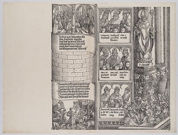 Maximilian's Prowess in the Chase; and The Legend of the Holy Coat of Treves; with Portraits of Emperors and Kings (Maximilian's Forerunners), from the Arch of Honor, proof, dated 1515, printed 1517-18, by Albrecht Altdorfer