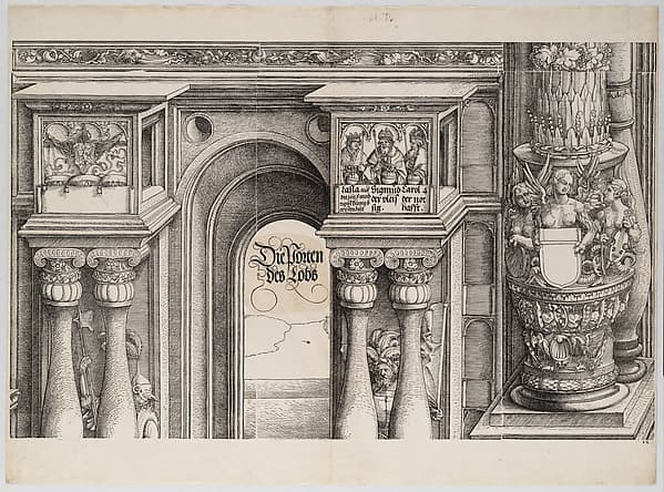 The Arch in the Entryway of the Left Portal (Die Porten des Lobs); and the Outer Left Column of the Central Portal, from the Arch of Honor, proof, dated 1515, printed 1517-18, by Hans Springinklee