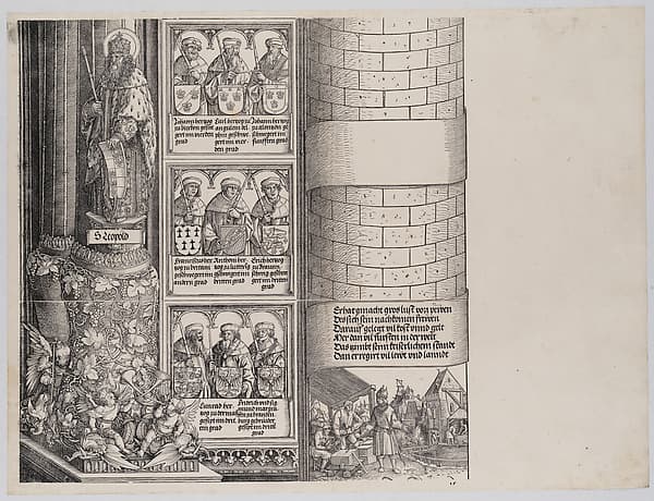 Maximilian as Architect; with a Statue of St. Leopold; and Busts of Maximilian's Ancestors and Relatives, from the Arch of Honor, proof, dated 1515, printed 1517-18, by Albrecht Dürer