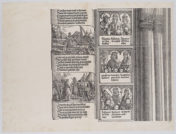 Maximilian as Commander-in-Chief; and Maximilian Conversing in Seven Languages; with Portraits of Emperors and Kings (Maximilian's Forerunners), from the Arch of Honor, proof, dated 1515, printed 1517-18, by Albrecht Altdorfer