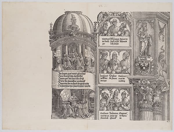 Maximilian as Founder and Protector of the Order of St. George; and Maximilian and the Knights of St. George Vowing a Crusade Against the Turks; with Portraits of Emperors and Kings (Maximilian's Forerunners), from the Arch of Honor, proof, dated 1515, printed 1517-18, by Albrecht Altdorfer