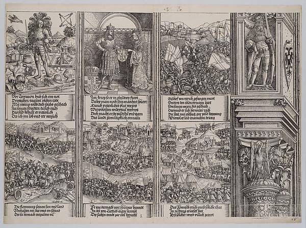 The Betrothal of Mary of Burgundy; Young Maximilian; The Struggle for the Burgundian Succession; The Battle Near Therouanne; The War in Guelderland; and The Utrecht Feud, from the Arch of Honor, proof, dated 1515, printed 1517-18, by Albrecht Dürer