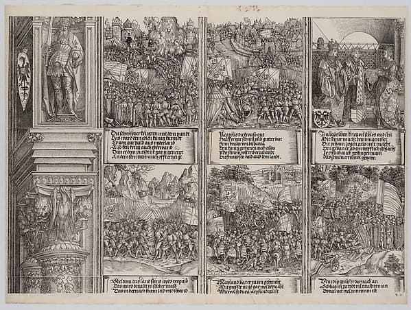 The Marriage of Philip the Fair to Joanna of Austria; Maximilian Recaptures the Occupied Territories from Hungary; The Conquest of Hungary; The Swiss War; The Liberation of Naples; and The Battle of Wenzenberg, from the Arch of Honor, proof, dated 1515, printed 1517-18, by Albrecht Dürer