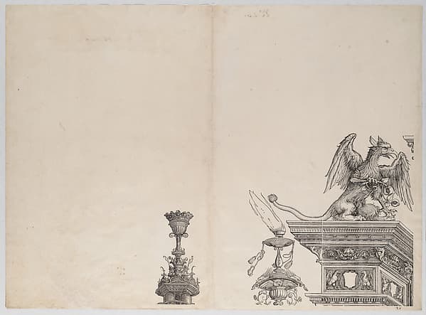 The Ornaments Atop the Left Portal, from the Arch of Honor, proof, dated 1515, printed 1517-18, by Hans Springinklee