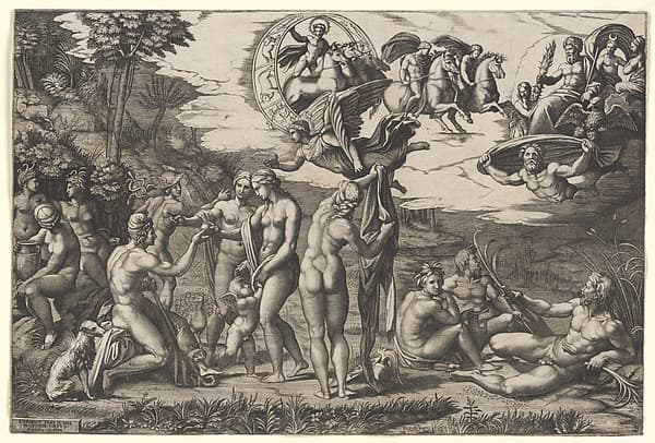 The Judgment of Paris: he is sitting at left with Venus, Juno and Pallas Athena, a winged victory above. In the upper section the Sun in his chariot preceeded by Castor and Pollux on horseback, at lower right two river gods and a naiad above whom Jupiter, an eagle, Ganymede, Diana and another goddess, by Marcantonio Raimondi