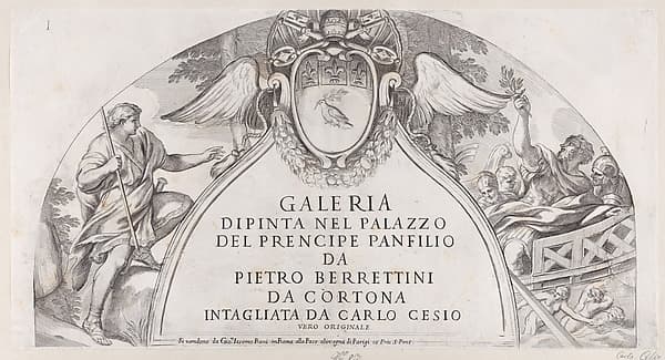 Title page to "Galleria Dipinta nel Palazzo del Prencipe Panfilio" after the ceiling frescoes by Pietro da Cortona depicting the history of Aeneas in the Palazzo Pamphili, Rome, by Carlo Cesi