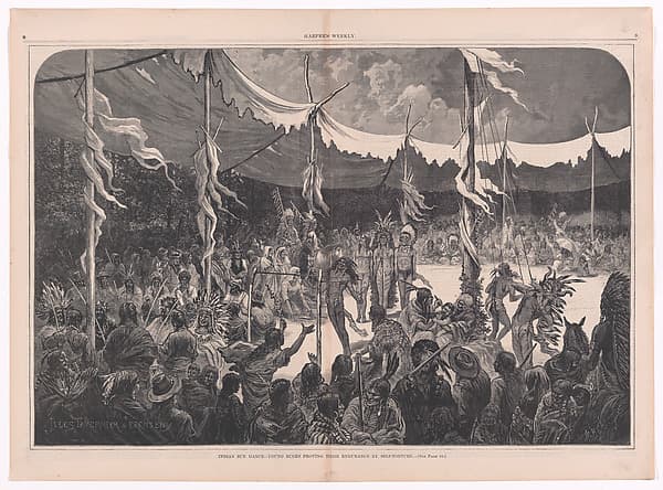 Indian Sun Dance–Young Bucks Proving Their Endurance by Self-Torture ("Harper's Weekly," Vol. XIX, pp. 8-9), by Jules Tavernier