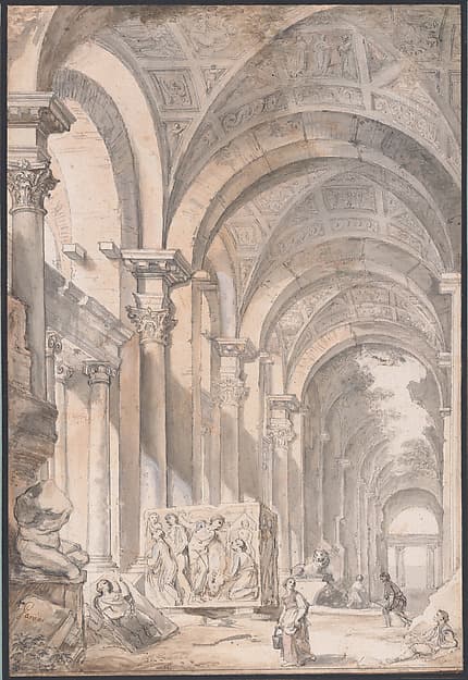 Architectural capriccio with Figures and Antiquities, by Giovanni Paolo Panini