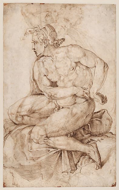 Seated Nude Youth, facing left (recto); Bearded Nude Male Figure in a Half-Kneeling Pose, Holding Drapery Behind his Back (verso), by Francesco Salviati (Francesco de' Rossi)