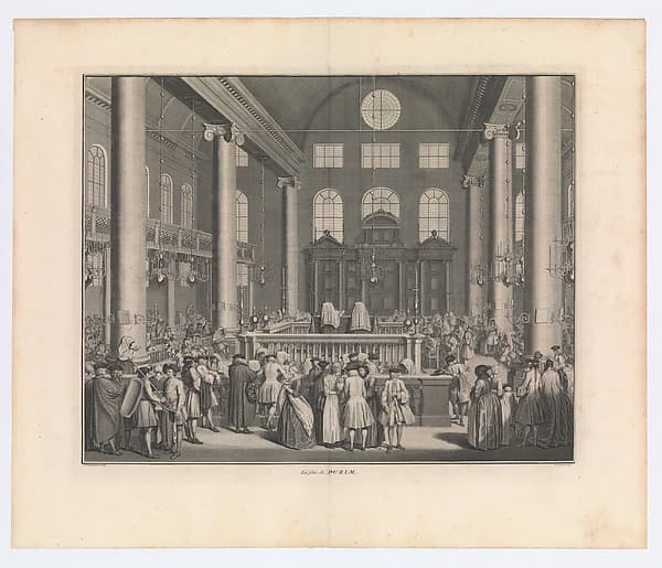 The Festival of Purim (La fête de Purim); Interior of the Portuguese Synagogue in Amsterdam, by Balthasar Bernaerts