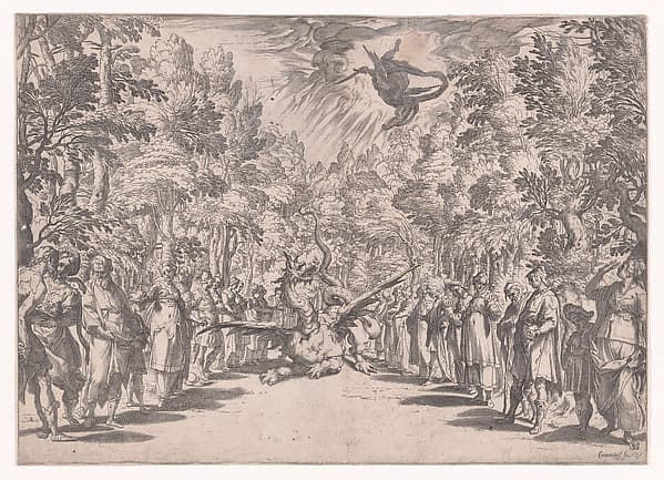 Stage set for the marriage of Ferdinand de' Medici and Christine of Lorraine in Florence in 1589; Apollo and the Python, by Agostino Carracci