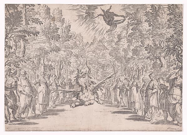 Stage set for the marriage of Ferdinand de' Medici and Christine of Lorraine in Florence in 1589; Apollo and the Python, by Agostino Carracci