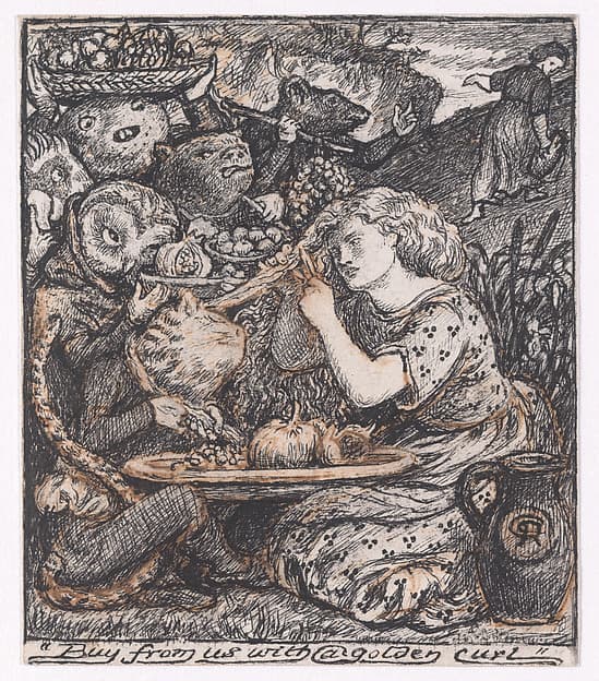 Buy from us with a golden curl, for "The Goblin Market", by Dante Gabriel Rossetti