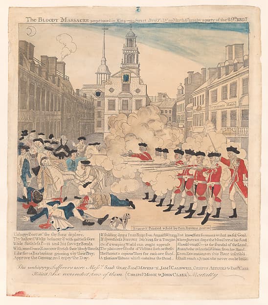 The Boston Massacre, or, The Bloody Massacre perpetrated in King Street, Boston on March 5, 1770 by a party of the 29th Regiment, by Paul Revere Jr.