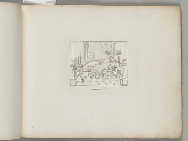 A Woman Seated on a Grecian Sofa with a Lapdog, in an Interior (from Sketches in Outline), by Henry Moses