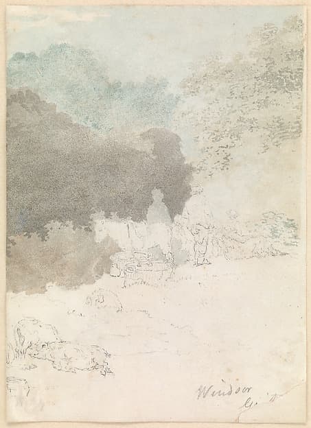 Horses and pigs in a landscape, Windsor, by Thomas Girtin
