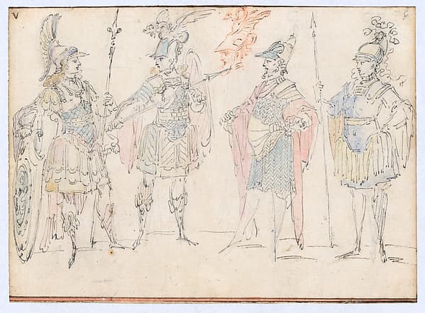 Four Actors in Heroic Costume, with a Study of a Helmeted Head, by Claude Gillot