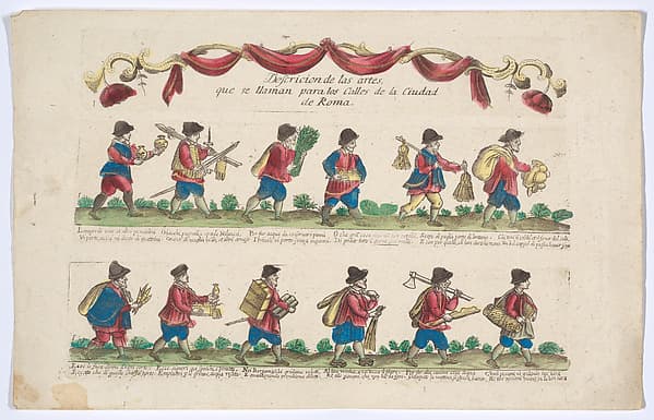 Title and plate 1 depicting the cries (trades) of Rome, here including vendors of goldfish, Milanese swords, hats etc, from the 'Descrición de las artes que se llaman para los calles de la ciudad de Roma', by Remondini