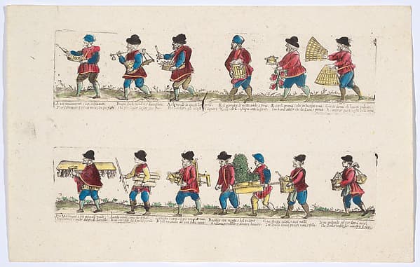 Plate 3 depicting the trades of Rome, here including vendors of flowers, chairs, basil etc, from the 'Descrición de las artes que se llaman para los calles de la ciudad de Roma', by Remondini