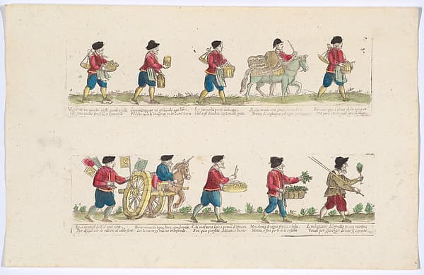 Plate 4 depicting the trades of Rome, here including vendors of shrimps, Spanish olives, herbs etc, from the 'Descrición de las artes que se llaman para los calles de la ciudad de Roma', by Remondini