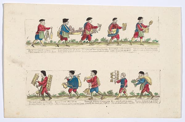 Plate 6 depicting the trades of Rome,here including vendors of lamps, shirt collars, turtles etc, from the 'Descrición de las artes que se llaman para los calles de la ciudad de Roma', by Remondini