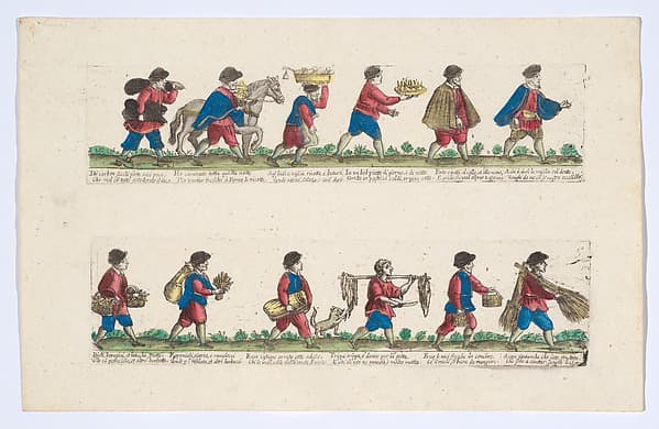 Plate 5 (second group) depicting the trades of Rome, here including vendors of coal, cheese, tripe etc, from the 'Descrición de las artes que se llaman para los calles de la ciudad de Roma', by Remondini