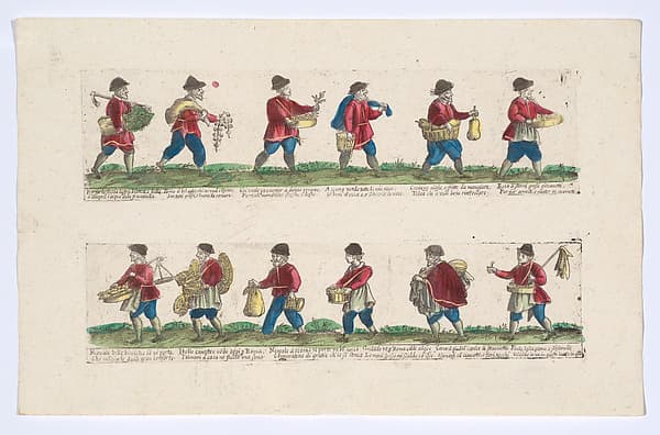 Unnumbered plate depicting the trades of Rome, here including vendors of garlic, ravioli, canisters etc, from the 'Descrición de las artes que se llaman para los calles de la ciudad de Roma', by Remondini
