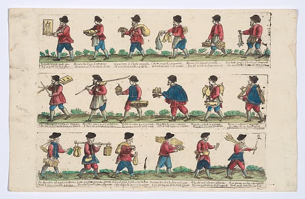 Unnumbered plate depicting the trades of Rome, here including vendors of religious images, herbs, pigs, socks, bellows, milk, etc, from the 'Descrición de las artes que se llaman para los calles de la ciudad de Roma', by Remondini
