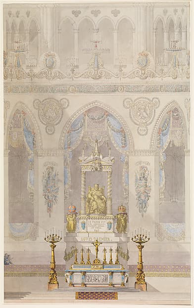 Interior Elevation of Reims Cathedral with a Statue of King Louis I and an Altar placed at Front, by Charles Percier