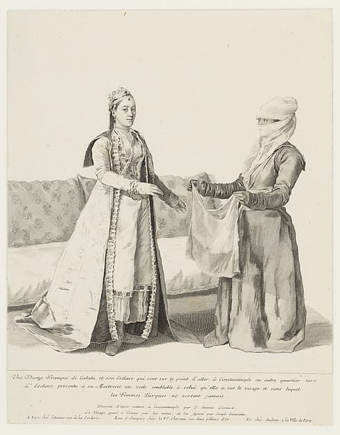 A Woman of European Descent at Galata Being Handed Her Veil by Her Servant Prior to Going Out, by Jean Etienne Liotard