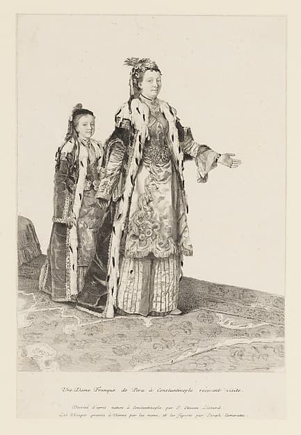 A woman of European descent in Pera, Constantinople receiving visitors, followed by a young girl (Une Dame Franques de Pera à Constantinople recevant visite), by Jean Etienne Liotard