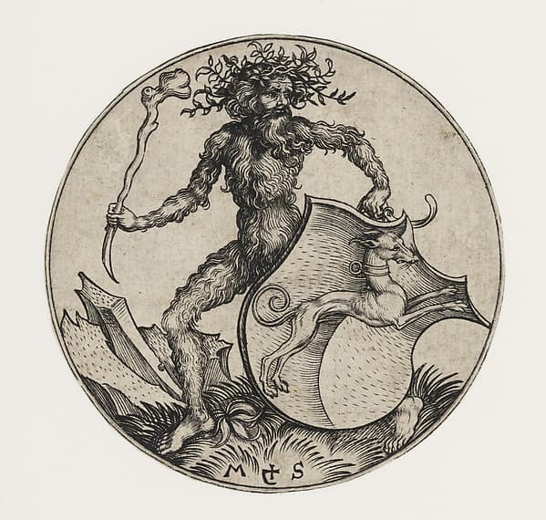Shield with Greyhound Held by Wild Man, by Martin Schongauer