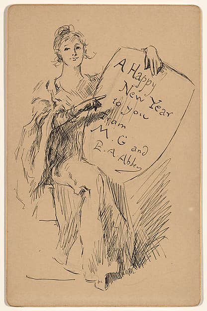 Seated Woman Holding a Shield: A Happy New Year to you from M. G. and E. A. Abbey, by Edwin Austin Abbey