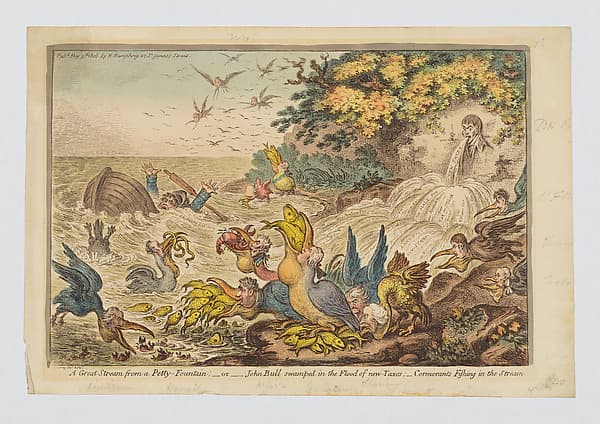A Great Stream from a Petty Fountain; or John Bull swamped in a Flood of Taxes, by James Gillray