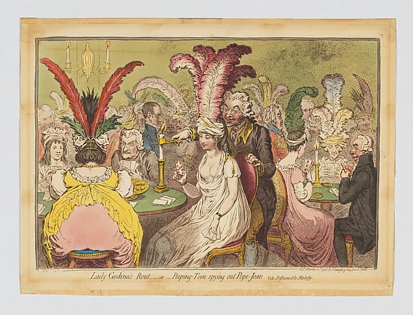 Lady Godina's Rout:–or– Peeping-Tom spying out Pope Joan, vide Fashionable Modesty, by James Gillray