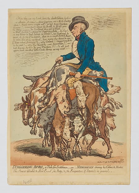 Staggering-Bobs, a Tale for Scotchmen, or Munchausen Driving his Calves to Market, by James Gillray