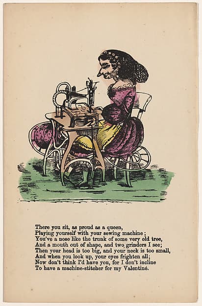 Comic Valentine (woman at sewing machine), by Anonymous