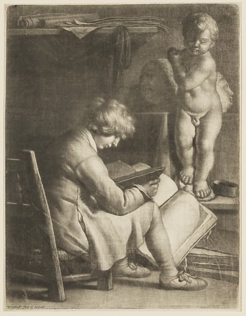 Boy Seated in a Studio, a plaster cast of the Christ-child in front of him, by Wallerant Vaillant