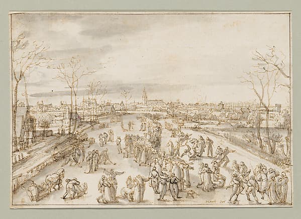 Ice skaters on the Amstel in Amsterdam, by Hans Bol