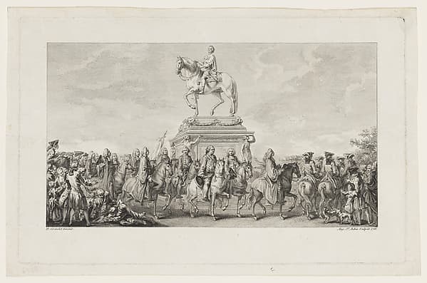 The Inauguration of the Statue of Louis XV, Vignette on page 1, from Description des Travaux qui ont précédé. accompagné et suivi la fonte en bronze d'un seul jet de la Statue Equèstre de Louis XV le bien-aimé dressée sur les mémoires de M. Lempereur ancien Echevin. Par M. Mariette, Honoraire amateur de l'Académie Royale de Peinture et Sculpture, A Paris de l'Imprimerie de P.G. Le Mercier, by Augustin de Saint-Aubin