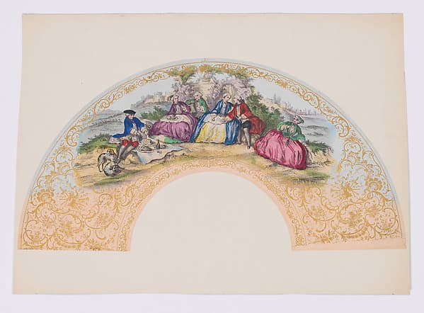 Fan leaf with figures in 18th century costume having a picnic, by Anonymous, Italian, 19th century