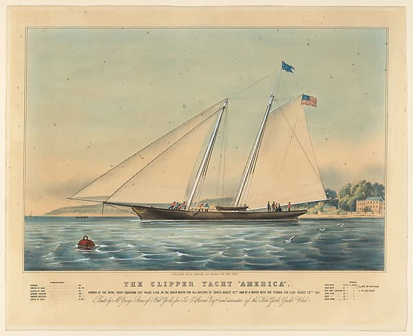 The Clipper Yacht "America," Winner of the Royal Yacht Squadron Cup, Value £100 in the Great Match for All Nations at Cowes, August 22nd, and of a Match with the Titania for £100, August 28, 1851, by Nathaniel Currier