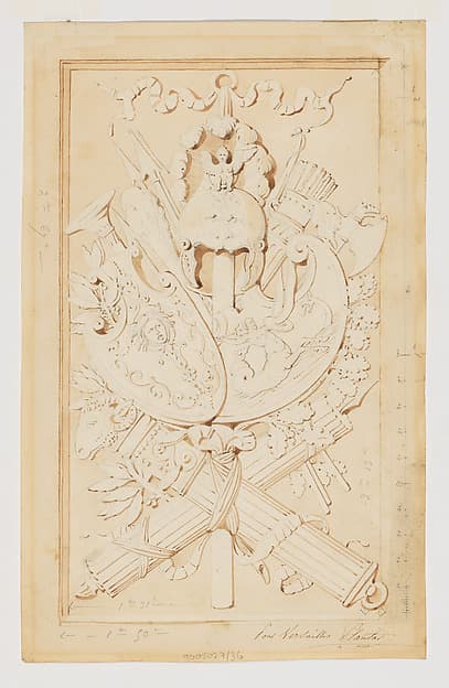 Design for a Wall Panel with Armorial Trophy for the Escalier des Princes at Versailles; sketches on verso, by Jean-Baptiste Louis Plantar