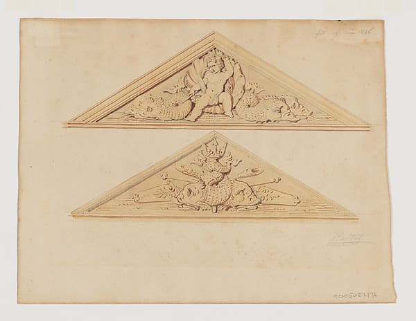 Two Designs for Pediments with Putti and Sea Creatures; Two designs for friezes with Putti and Sea Creatures on the Verso, by Jean-Baptiste Louis Plantar