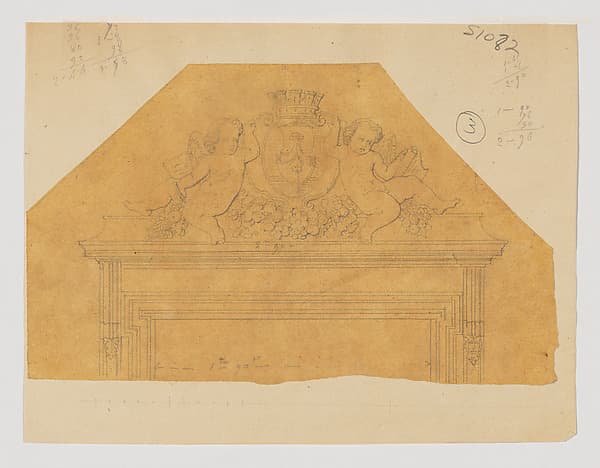 Design for an Overdoor with Two outward facing Putti flanking a Coat of Arms; sketches on verso, by Jean-Baptiste Louis Plantar
