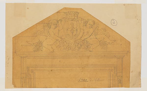 Design for an Overdoor for the Hôtel de Ville with two outward facing Putting flanking a Coat of Arms, for the Hotel de Ville, Paris; sketches on verso, by Jean-Baptiste Louis Plantar